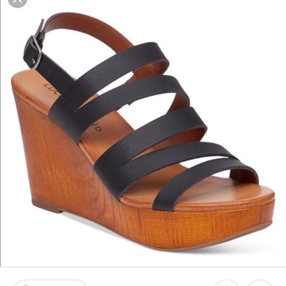 Lucky Brand Marinaa Black Leather Wedge Sandals – Size 8 -- 90s Y2K Chunky Retro - Picture 2 of 8